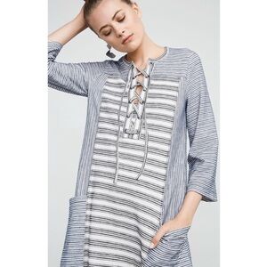 BCBG Lani Dress Size L White Navy Blue A-Line Striped Cotton Casual Nautical